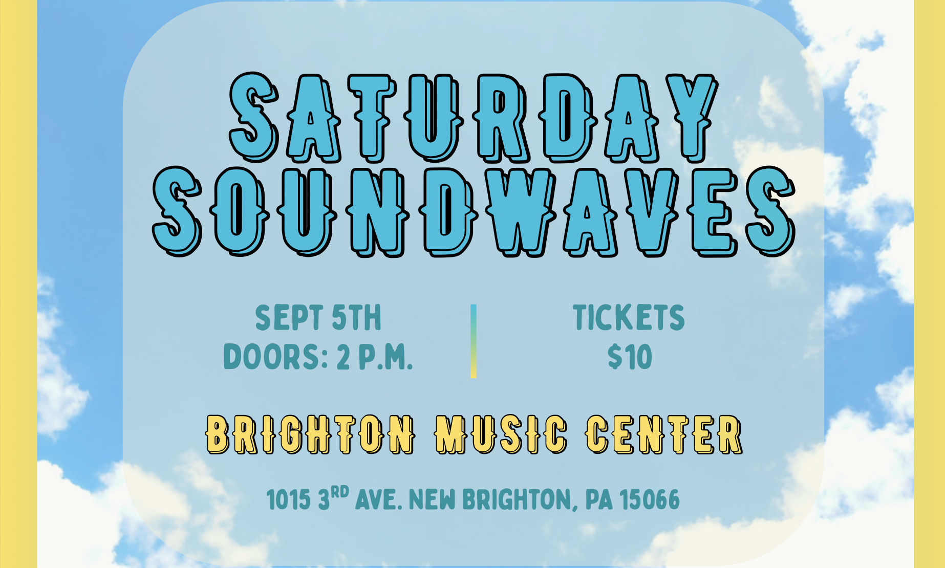 Saturday Soundwaves concert flyer featuring Trading Twilight, The Wild Honeys, and GF Motel